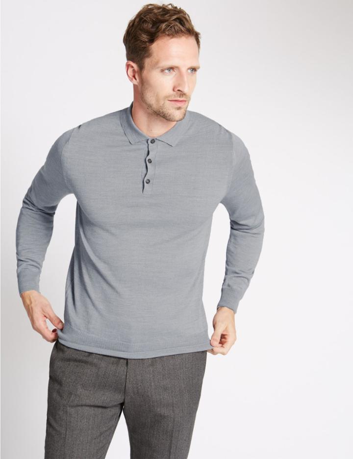 Marks & Spencer Merino Wool Blend Slim Fit Polo Shirt Grey