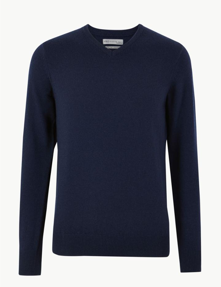 Marks & Spencer Extra Fine Lambswool V-neck Jumper Navy