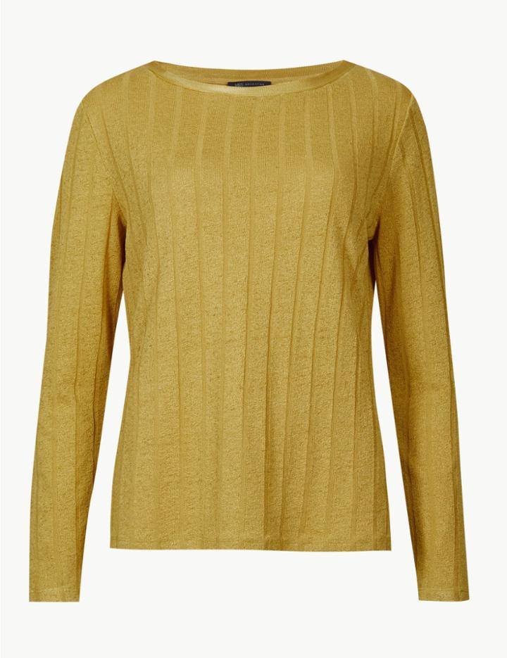 Marks & Spencer Textured Rib Round Neck Long Sleeve T-shirt Honey