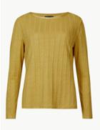 Marks & Spencer Textured Rib Round Neck Long Sleeve T-shirt Honey