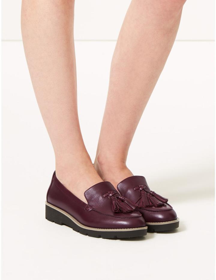 Marks & Spencer Wide Fit Leather Tassel Loafers Burgundy