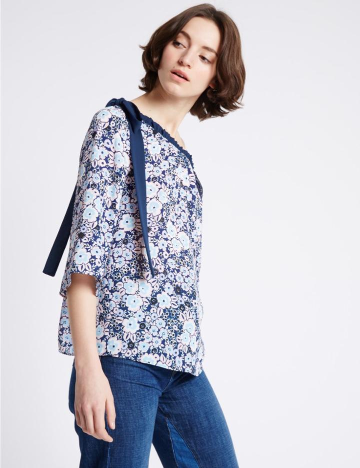 Marks & Spencer Floral Print Cold Shoulder Shell Top Blue Mix