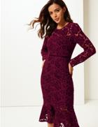 Marks & Spencer Lace Long Sleeve Bodycon Midi Dress Burgundy