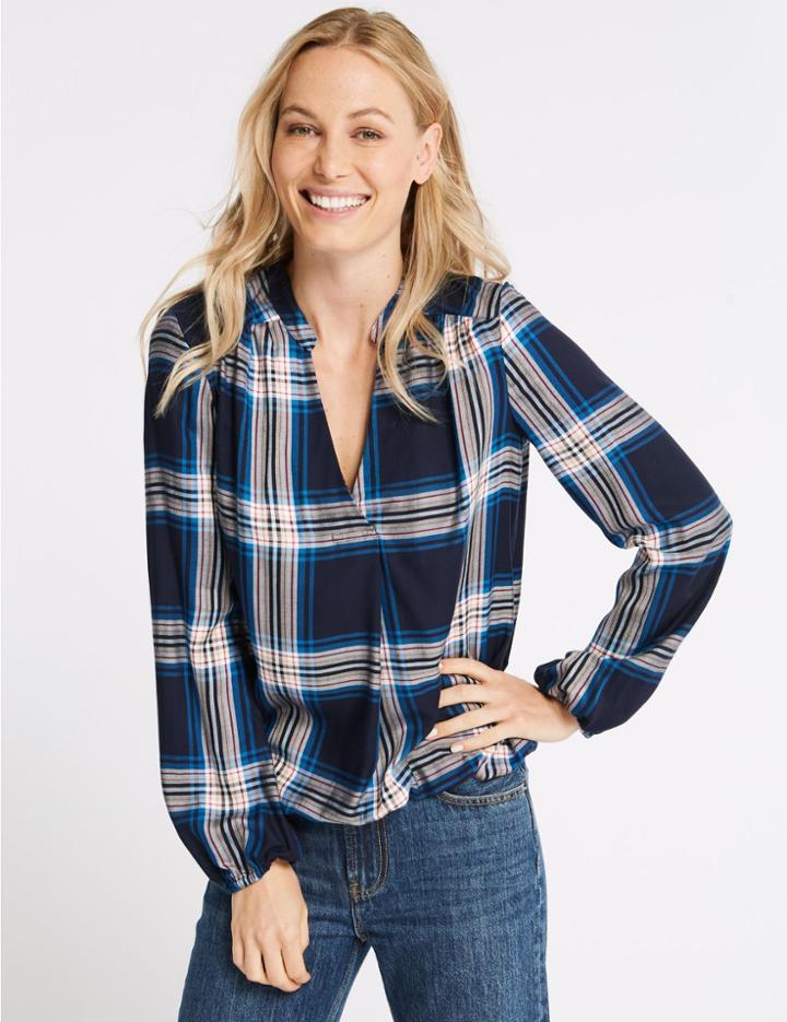 Marks & Spencer Checked Notch Neck Long Sleeve Blouse Navy Mix