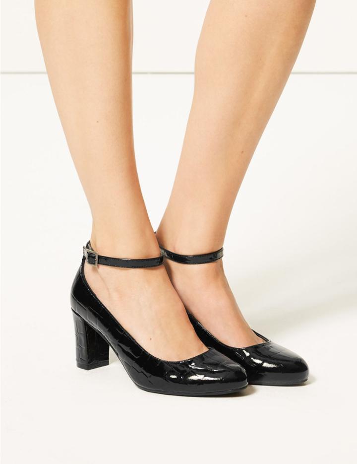 Marks & Spencer Wide Fit Ankle Strap Block Heel Court Shoes Black