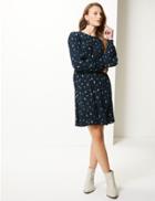 Marks & Spencer Floral Print Long Sleeve Waisted Mini Dress Navy Mix