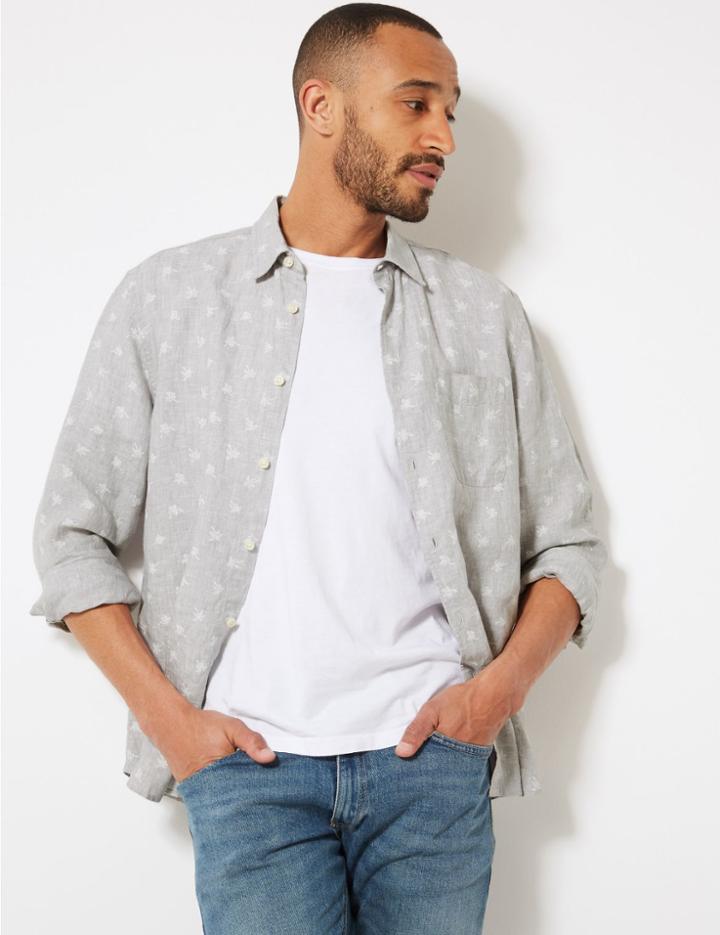 Marks & Spencer Pure Linen Palm Print Shirt Grey
