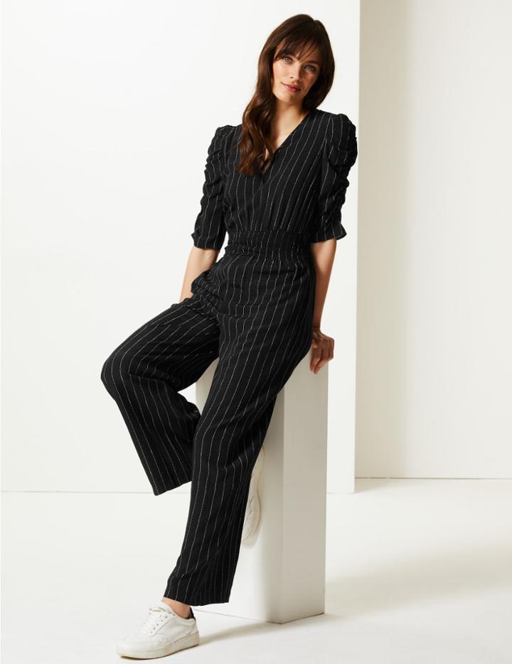 Marks & Spencer Striped Short Sleeve Jumpsuit Black Mix