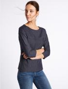 Marks & Spencer Cotton Rich Striped 3/4 Sleeve T-shirt Navy Mix