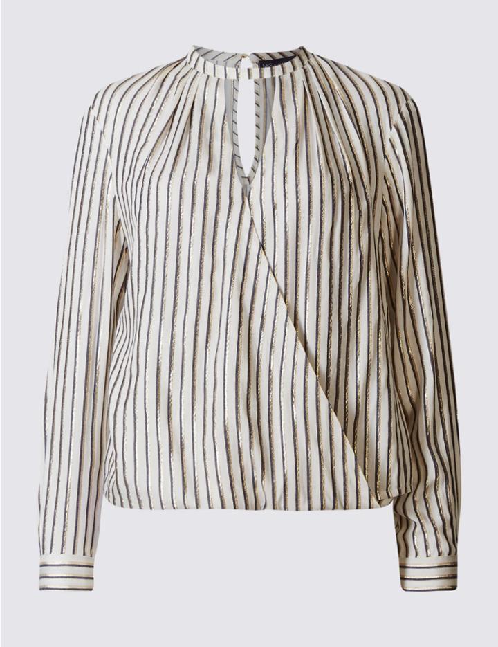 Marks & Spencer Petite Metallic Stripe Wrap Shell Top Ivory Mix