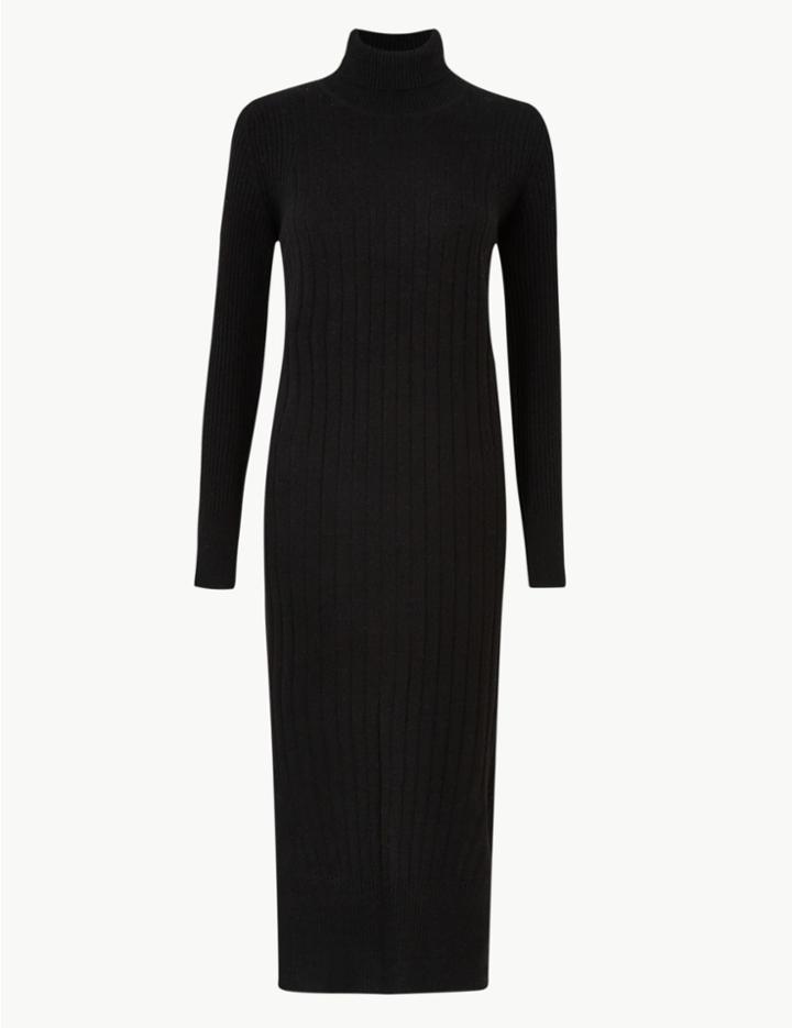 Marks & Spencer Pure Cashmere Ribbed Knitted Dress Black