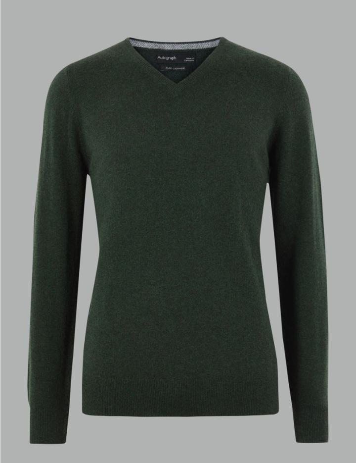 Marks & Spencer Pure Cashmere V-neck Jumper Forest Green