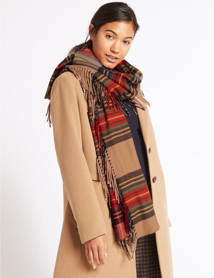 Marks & Spencer Checked Side Fringe Scarf Cream Mix