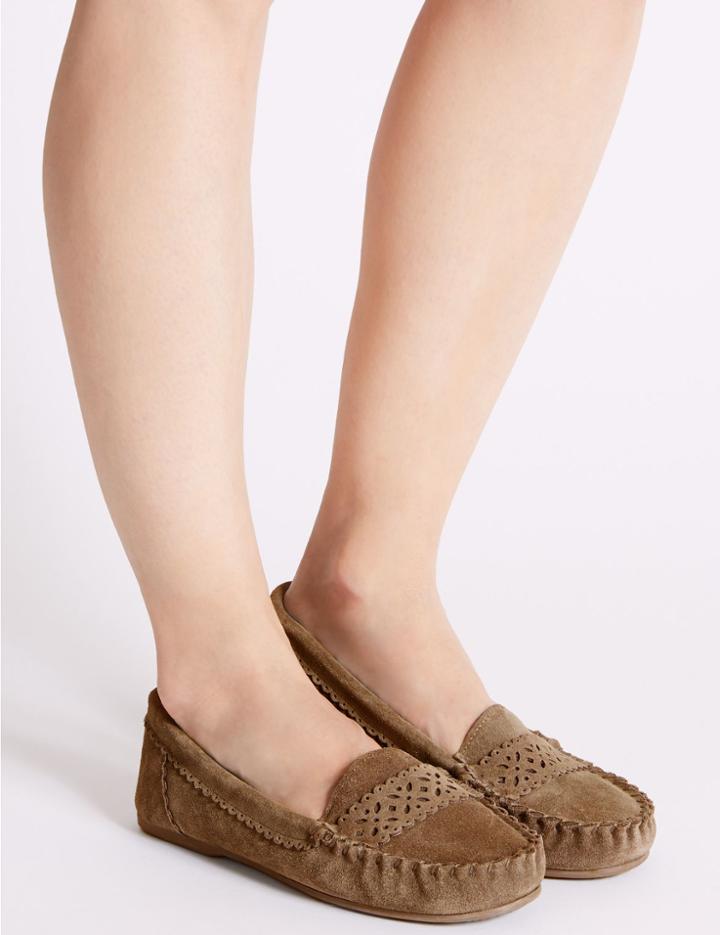 Marks & Spencer Suede Laser Detail Moccasin Slippers Tan