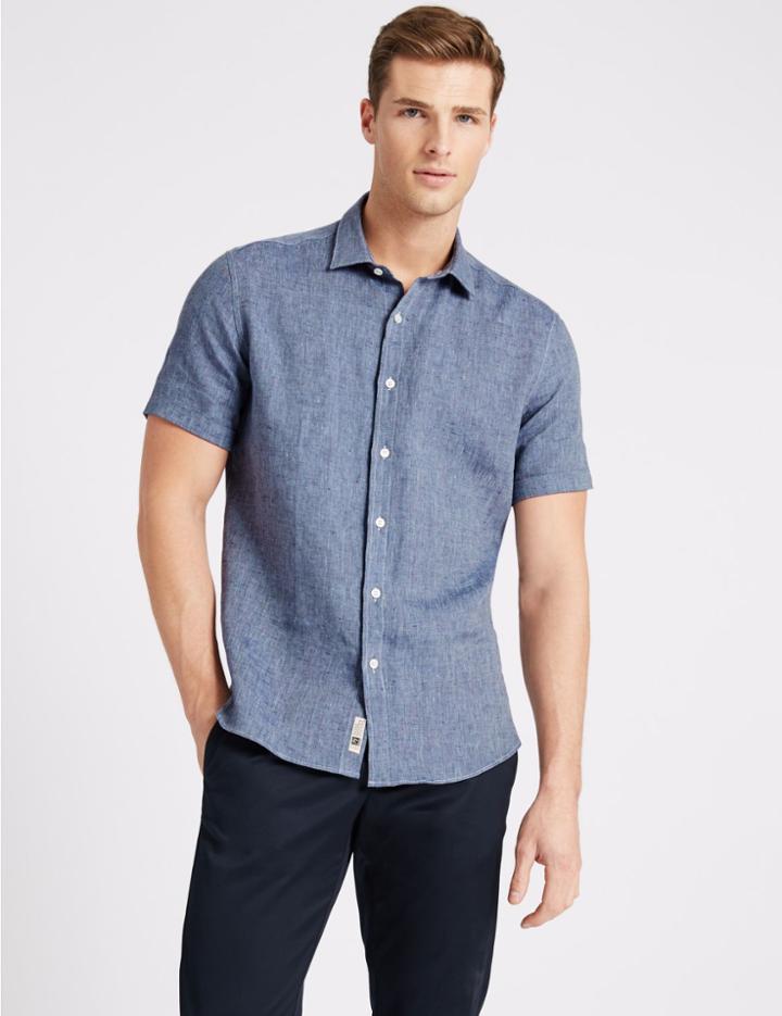 Marks & Spencer Irish Linen Short Sleeve Shirt Dark Blue Mix