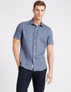 Marks & Spencer Irish Linen Short Sleeve Shirt Dark Blue Mix