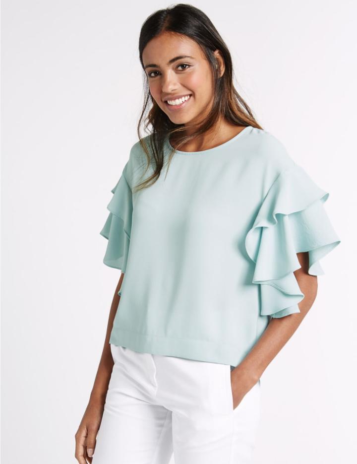 Marks & Spencer Round Neck Flamenco Sleeve Shell Top Smokey Blue