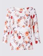 Marks & Spencer Floral Print Round Neck 3/4 Sleeve T-shirt Ivory Mix