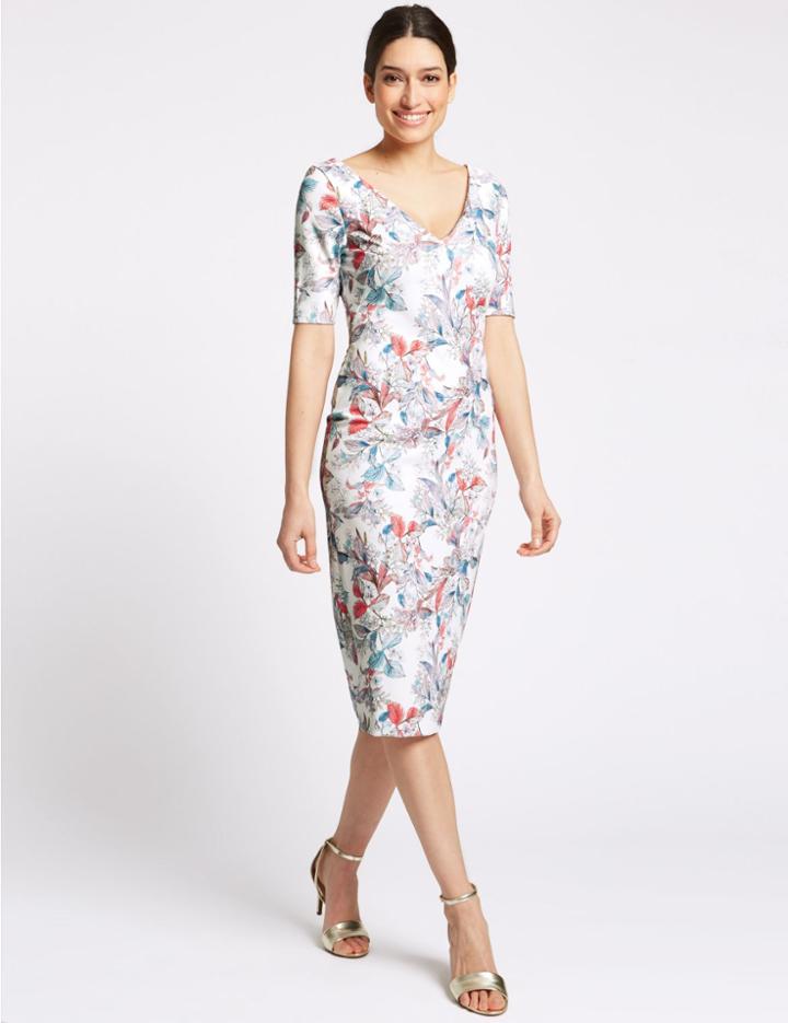 Marks & Spencer Floral Print Half Sleeve Bodycon Midi Dress Ivory Mix