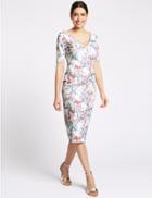 Marks & Spencer Floral Print Half Sleeve Bodycon Midi Dress Ivory Mix