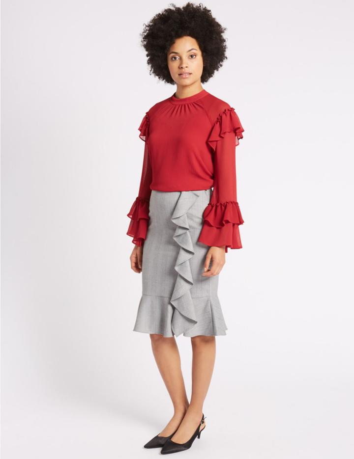 Marks & Spencer Striped Ruffle Pencil Midi Skirt Grey Mix