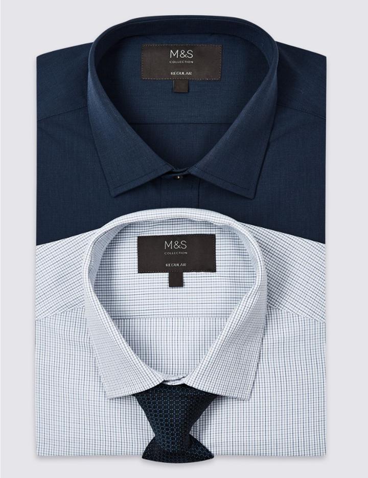 Marks & Spencer 2 Pack Cotton Blend Regular Fit Shirts With Tie Navy Mix