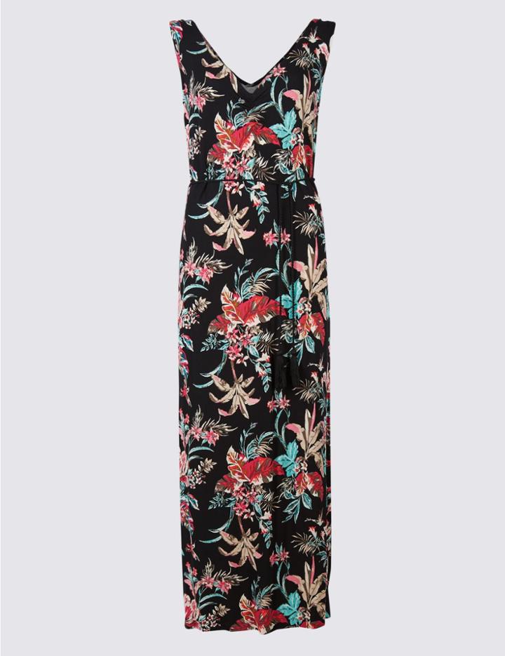 Marks & Spencer Floral Print Ruched Front Jersey Slip Dress Black Mix