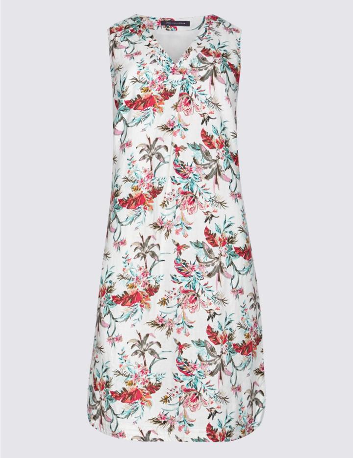 Marks & Spencer Linen Blend Printed Curved Hem Shift Dress Ivory Mix