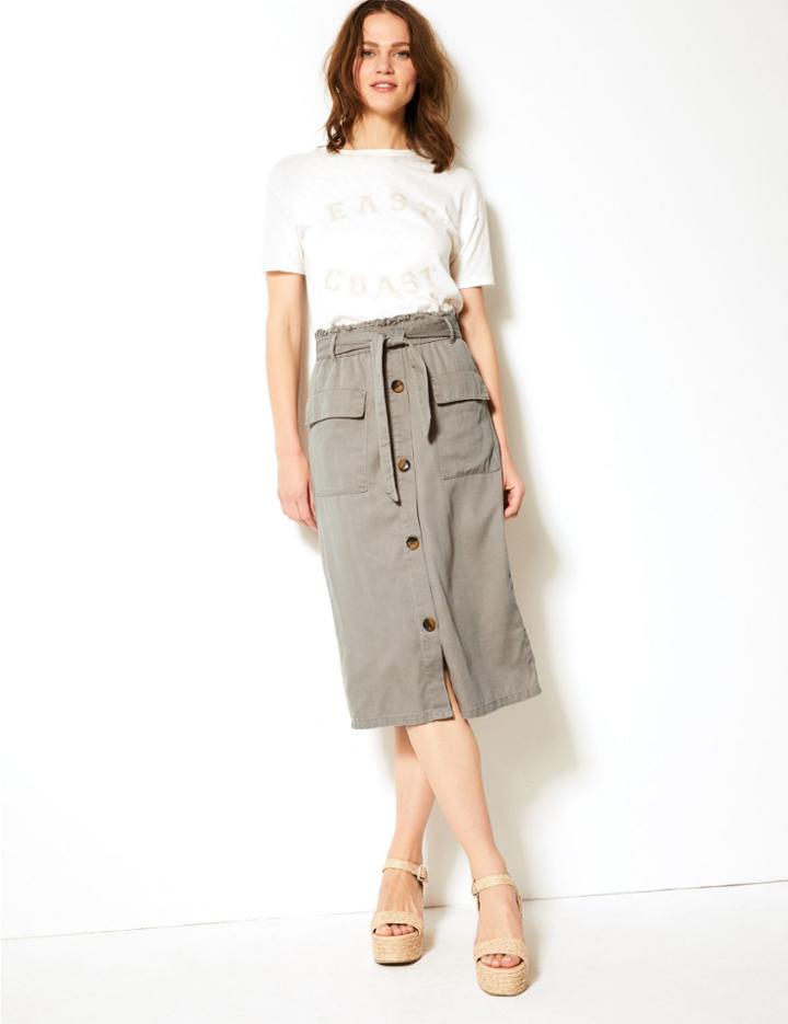Marks & Spencer Midi A-line Skirt With Cotton Grey