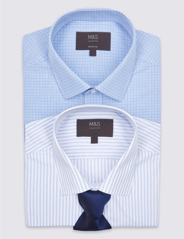 Marks & Spencer 2 Pack Easy To Iron Shirts With Tie Blue Mix