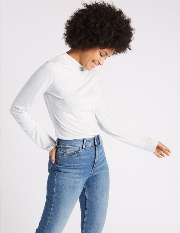 Marks & Spencer High Neck Long Sleeve T-shirt Grey Marl