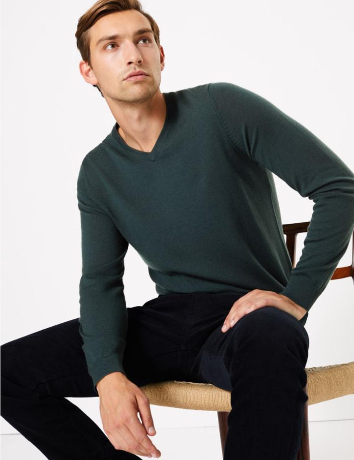 Marks & Spencer Extra Fine Merino V Neck Jumper Green