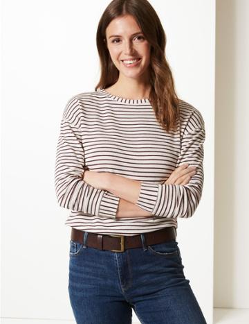 Marks & Spencer Cotton Blend Striped Long Sleeve Sweatshirt Burgundy Mix