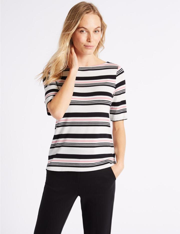 Marks & Spencer Striped Slash Neck Half Sleeve T-shirt Pink