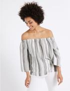 Marks & Spencer Linen Rich Striped 3/4 Sleeve Bardot Top Black/white