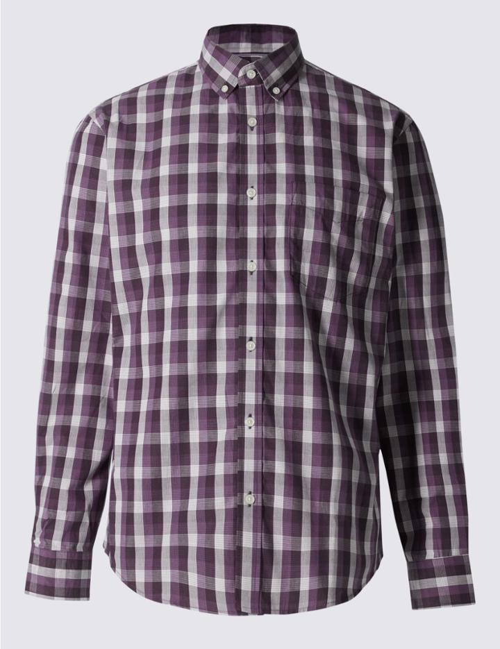 Marks & Spencer Pure Cotton Checked Shirt With Pocket Burgundy