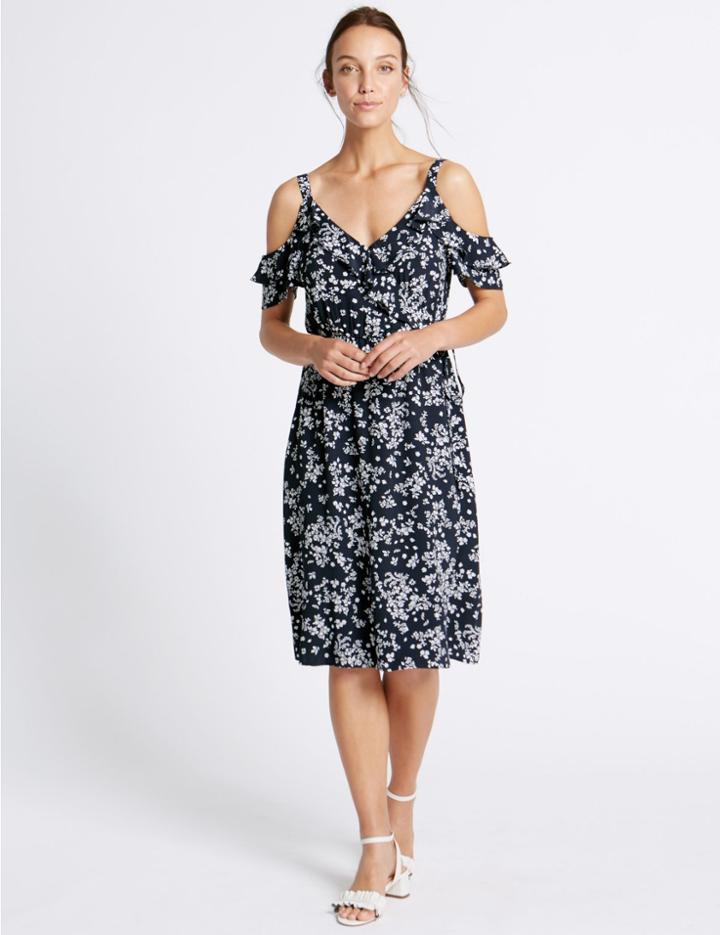 Marks & Spencer Ditsy Print Ruffle Wrap Shift Dress Navy Mix
