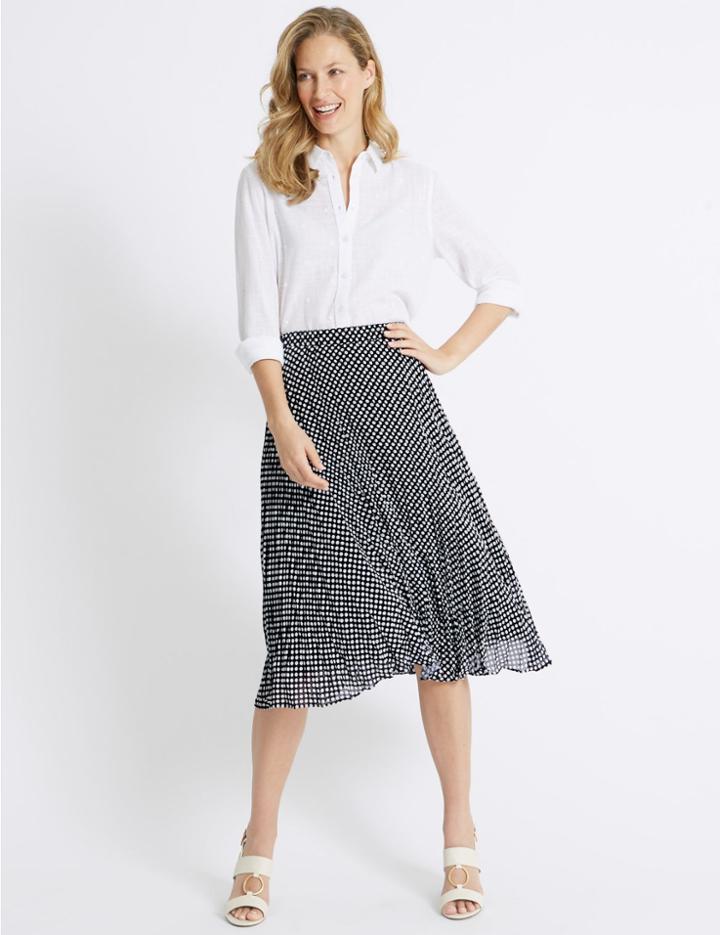 Marks & Spencer Spotted Pleat A-line Midi Skirt Blue Mix