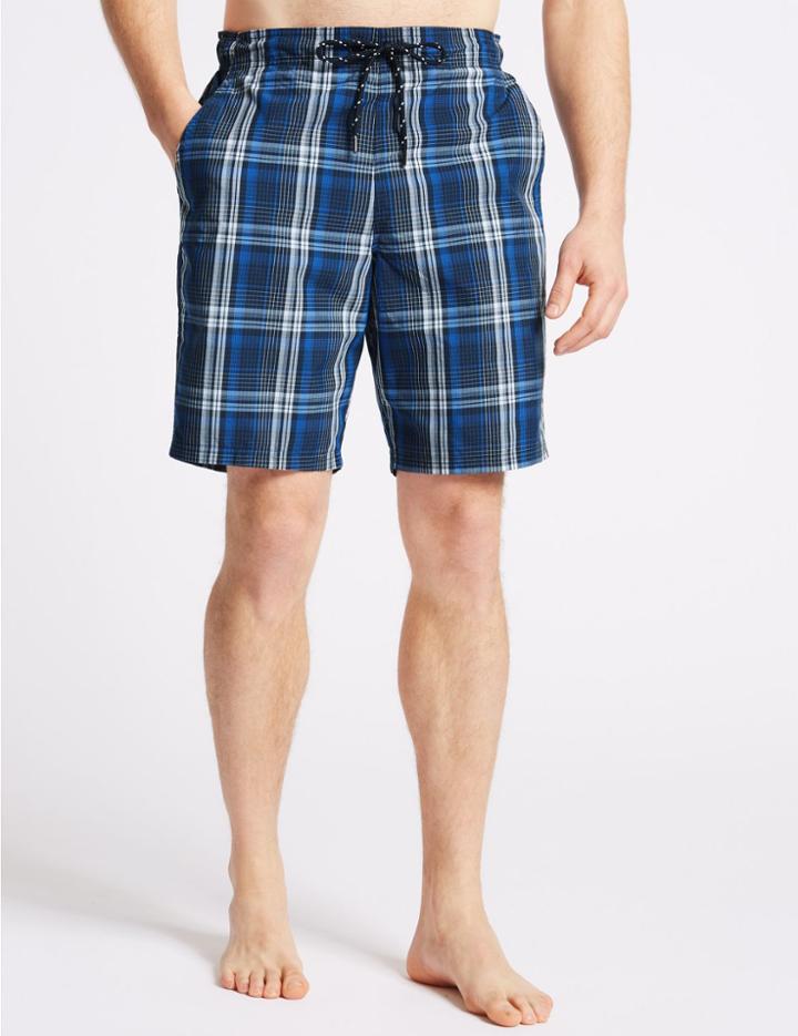 Marks & Spencer Cotton Rich Checked Quick Dry Swim Shorts Navy Mix