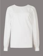 Marks & Spencer Pure Cotton Pleated Long Sleeve Blouse Soft White