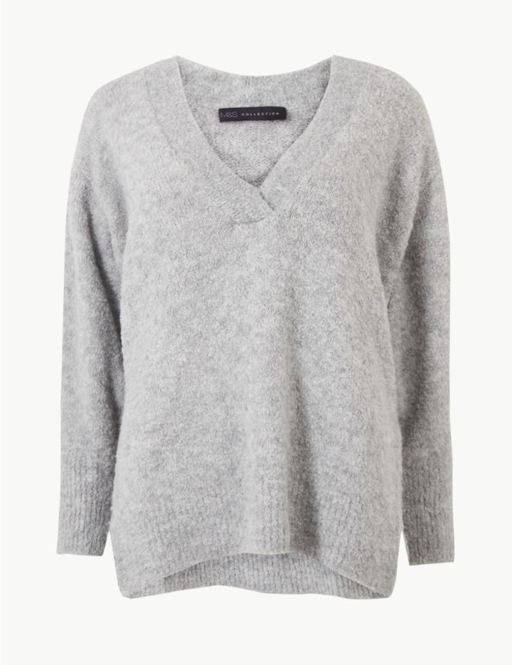 Marks & Spencer Textured V-neck Jumper Light Grey