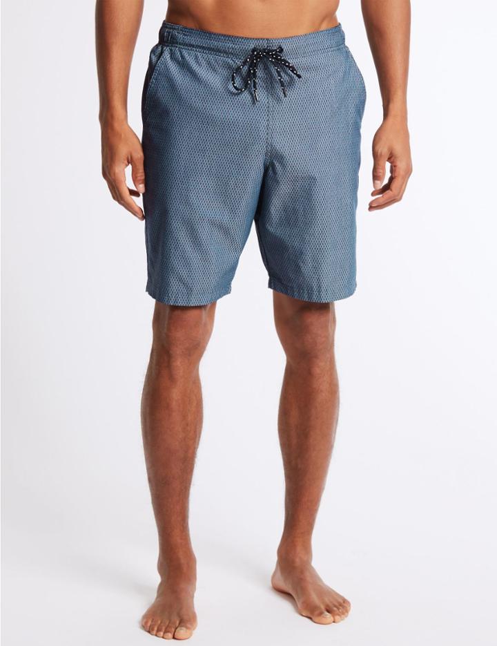 Marks & Spencer Cotton Rich Checked Quick Dry Swim Shorts Blue Mix