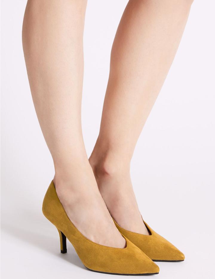 Marks & Spencer Kitten Heel High Cut Court Shoes Ochre