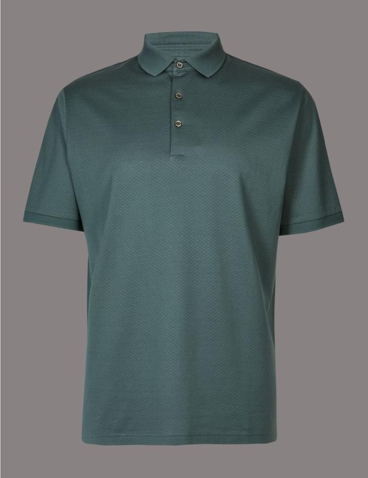Marks & Spencer Pure Cotton Textured Polo Shirt Dark Sage