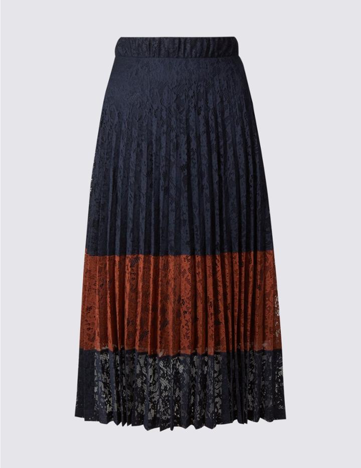Marks & Spencer Lace Pleated Midi Skirt Navy Mix