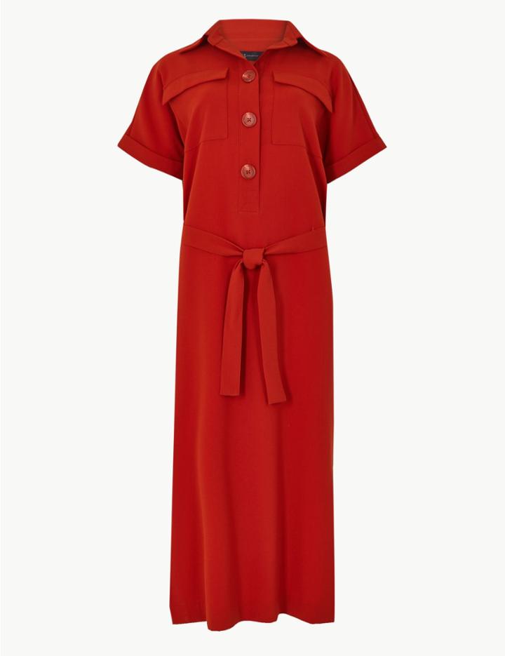 Marks & Spencer Button Detailed Midi Shirt Dress Burnt Orange