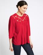 Marks & Spencer Lace Insert Round Neck 3/4 Sleeve Blouse Red