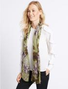Marks & Spencer Pure Silk Floral Print Scarf Khaki Mix