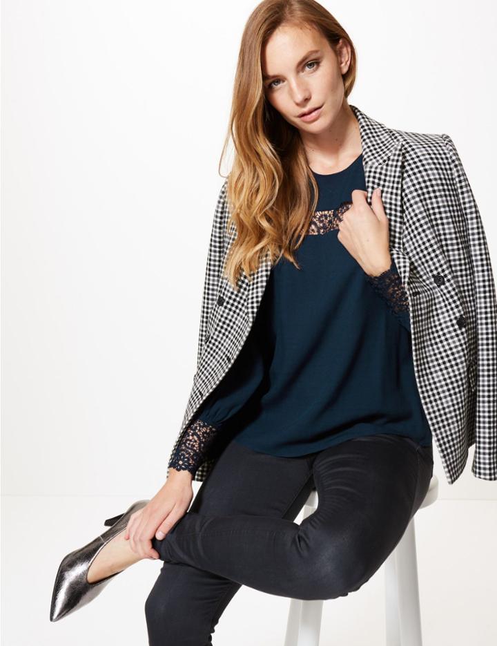 Marks & Spencer Lace Insert Round Neck Long Sleeve Blouse Navy