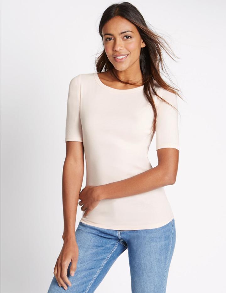 Marks & Spencer Pure Cotton Slash Neck Half Sleeve T-shirt Blush